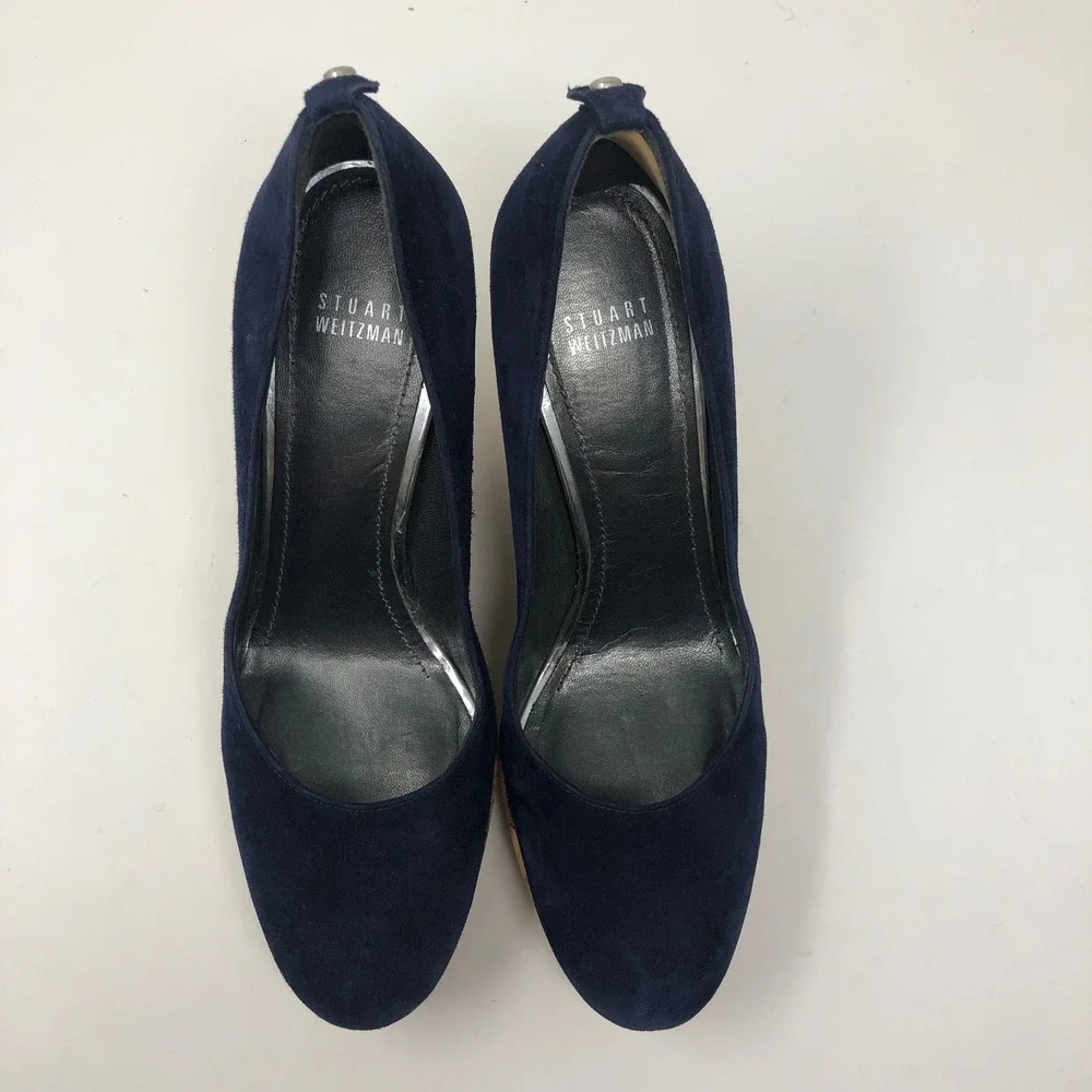 Stuart Weitzman Wedge Pumps Womens 9.5 Navy Blue Suede Cork Platform